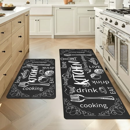 MeyJey Farmhouse Kitchen Rug Set of 2, Non-Slip Anti-Fatigue Waterproof Cushioned Mat for Kitchen, Dining & Laundry Room, 18"x30"+18"x48" Black