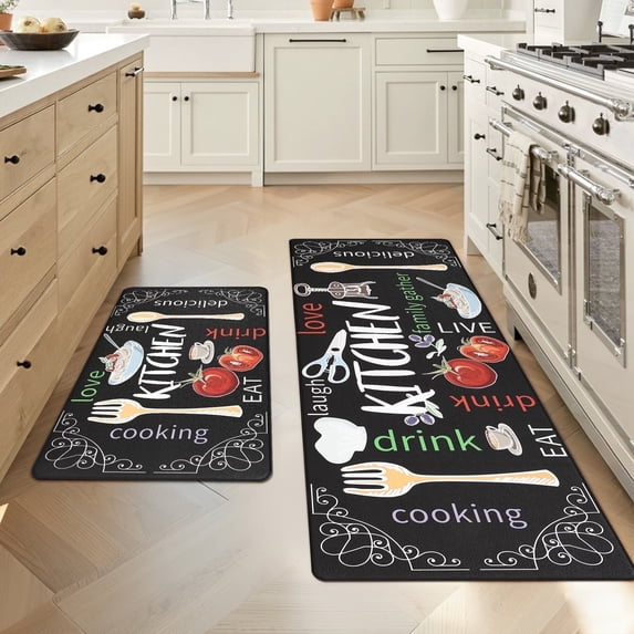 MeyJey Farmhouse Kitchen Rug Set of 2, Non-Slip Anti-Fatigue Waterproof Cushioned Mat for Kitchen, Dining & Laundry Room, 18"x30"+18"x48" Black/Red/Yellow