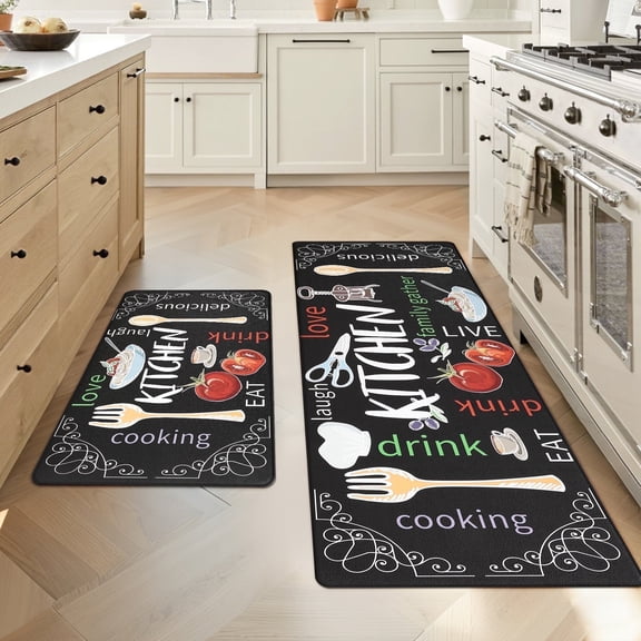 MeyJey Farmhouse Kitchen Rug Set of 2, Non-Slip Anti-Fatigue Waterproof Cushioned Mat for Kitchen, Dining & Laundry Room, 18"x30"+18"x48" Black/Red/Yellow