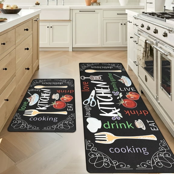 MeyJey Farmhouse Kitchen Rug Set of 2, Non-Slip Anti-Fatigue Waterproof Cushioned Mat for Kitchen, Dining & Laundry Room, 20"x31.5"+20"x59" Black/Red/Yellow
