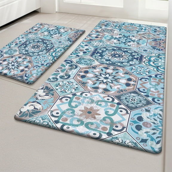MeyJey Boho Kitchen Rug Set of 2, Non-Slip Anti-Fatigue Waterproof Cushioned Mat for Kitchen, Dining & Laundry Room, 18"x30" 18"x48" Blue/Teal
