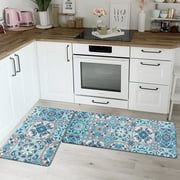 MeyJey Kitchen Rug Set, 2 Piece Anti Fatigue Kitchen Mat Non-Slip Cushioned Waterproof Floor Mat for Home Floor, Blue/Teal, 17"x28"+17"x48"