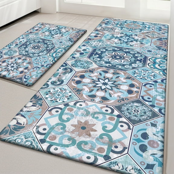 MeyJey Boho Kitchen Rug Set of 2, Non-Slip Anti-Fatigue Waterproof Cushioned Mat for Kitchen, Dining & Laundry Room, 20"x31.5"+20"x59" Blue/Teal