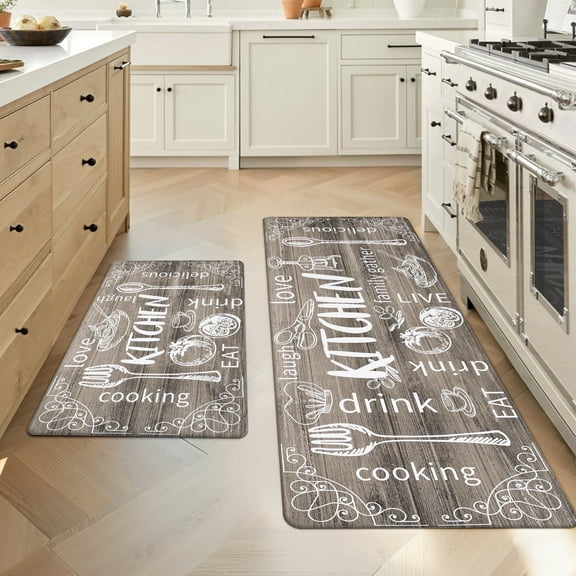 MeyJey Farmhouse Kitchen Rug Set of 2, Non-Slip Anti-Fatigue Waterproof Cushioned Mat for Kitchen, Dining & Laundry Room, 18"x30"+18"x48" Brown