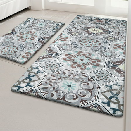 MeyJey Boho Kitchen Rug Set of 2, Non-Slip Anti-Fatigue Waterproof Cushioned Mat for Kitchen, Dining & Laundry Room, 18"x30"+18"x48" Brown/Gray