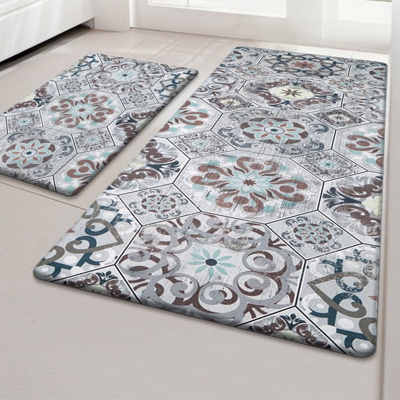 MeyJey Boho Kitchen Rug Set of 2, Non Slip Anti Fatigue Waterproof Cushioned Mat for Home Floor and Kitchen, 18"x30"+18"x48" Brown/Gray
