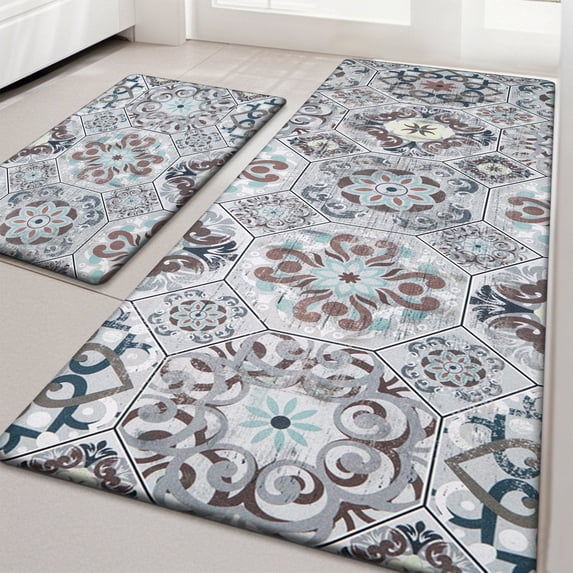 MeyJey Boho Kitchen Rug Set of 2, Non Slip Anti Fatigue Waterproof Cushioned Mat for Kitchen Dining Laundry Room, 20"x31.5"+20"x59" Brown/Gray