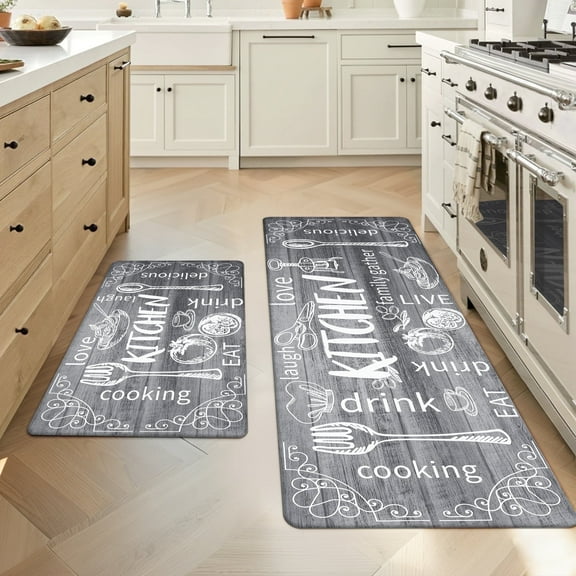 MeyJey Farmhouse Kitchen Rug Set of 2, Non-Slip Anti-Fatigue Waterproof Cushioned Mat for Kitchen, Dining & Laundry Room, 18"x30"+18"x48" Gray