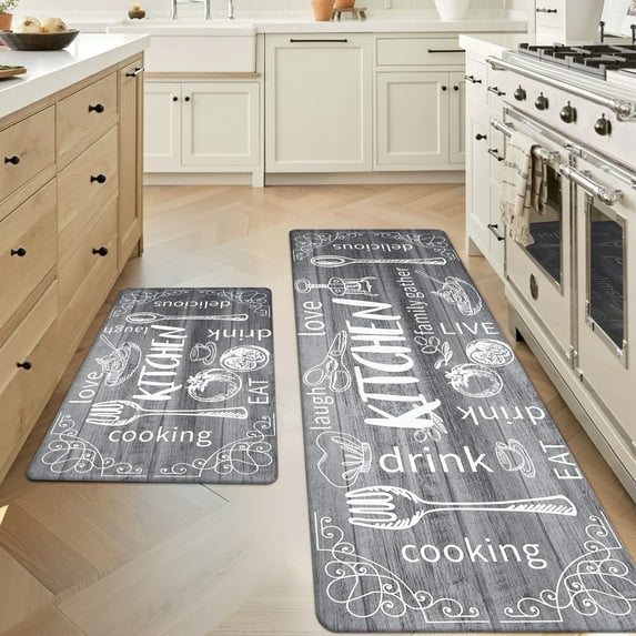 MeyJey Farmhouse Kitchen Rug Set of 2, Non-Slip Anti-Fatigue Waterproof Cushioned Mat for Kitchen, Dining & Laundry Room, 20"x31.5"+20"x59" Gray