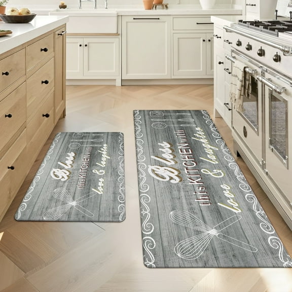 MeyJey Farmhouse Kitchen Rug Set of 2, Non-Slip Anti-Fatigue Waterproof Cushioned Mat for Kitchen, Dining & Laundry Room, 18"x30" 18"x48" Gray