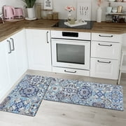 MeyJey Kitchen Rug Set, 2 Piece Anti Fatigue Kitchen Mat Non-Slip Cushioned Waterproof Floor Mat for Home Floor, Navy/Brown, 17"x28"+17"x48"