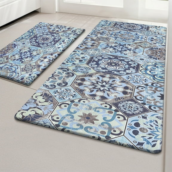 MeyJey Boho Kitchen Rug Set of 2, Non-Slip Anti-Fatigue Waterproof Cushioned Mat for Kitchen, Dining & Laundry Room, 18"x30"+18"x48" Navy/Brown