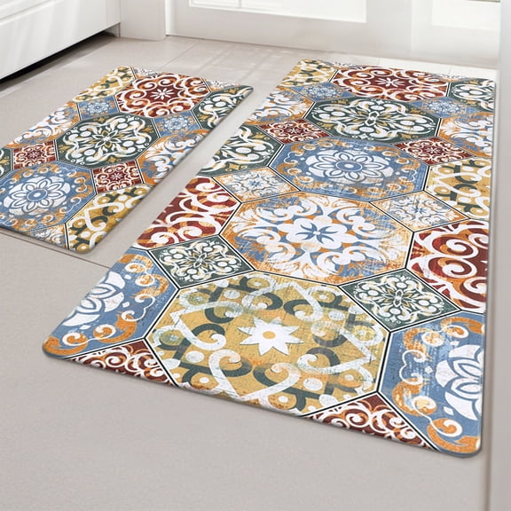 MeyJey Boho Kitchen Rug Set of 2, Non-Slip Anti-Fatigue Waterproof Cushioned Mat for Kitchen, Dining & Laundry Room, 18"x30"+18"x48" Red/Orange/Yellow