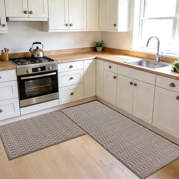 MeyJey Kitchen Rug Set 2 Piece, Non Slip Kitchen Floor Mats Machine Washable Mats for Home Floor and Living Room,Beige