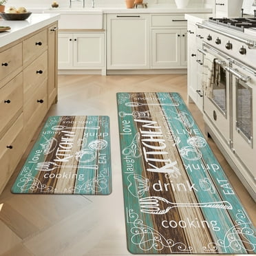 MeyJey Kitchen Rug Anti-Fatigue Mat Set for Kitchen, 2 Piece Non-Slip Waterproof Comfort Cushioned Floor Mats 20"x31.5" 20"x59" Teal/Brown