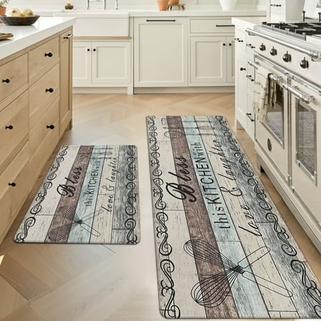 MeyJey Farmhouse Kitchen Rug Set of 2, Non-Slip Anti-Fatigue Waterproof Cushioned Mat for Kitchen, Dining & Laundry Room, 20"x31.5"+20"x59" Teal/Brown/Beige
