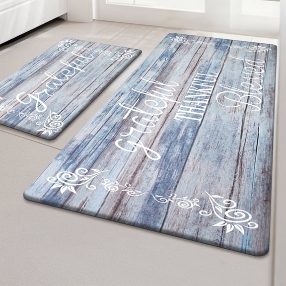 MeyJey Farmhouse Kitchen Rug Set of 2, Non-Slip Anti-Fatigue Waterproof Cushioned Mat for Kitchen, Dining & Laundry Room, 18"x30"+18"x48" Blue
