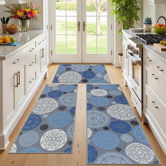 MeyJey Kitchen Rug Set 3 Piece, Non Slip Machine Washable Mats for Home Floor and Living Room,Gray/Blue