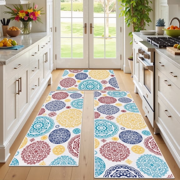 MeyJey Kitchen Rug Set 3 Piece, Non Slip Machine Washable Mats for Home Floor and Living Room，White/Blue/Red
