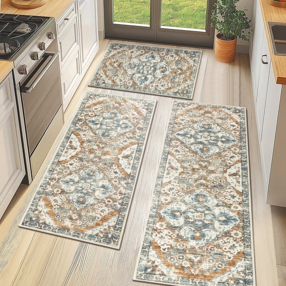 MeyJey Boho Kitchen Rug and Mat Set 3 Piece, Non-Slip Machine Washable Rugs for Kitchen Floor Dining/Laundry/Living Room, Orange/Blue