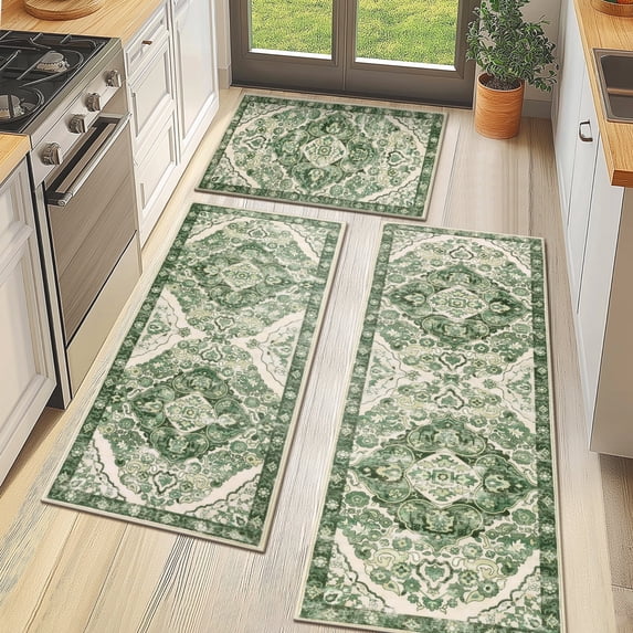 MeyJey Boho Kitchen Rug and Mat Set 3 Piece, Non-Slip Machine Washable Rugs for Kitchen Floor Dining/Laundry/Living Room, Green