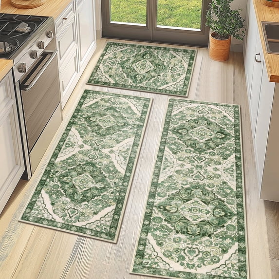 MeyJey Boho Kitchen Rug and Mat Set 3 Piece, Non-Slip Machine Washable Rugs for Kitchen Floor Dining/Laundry/Living Room, Green