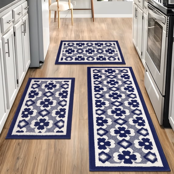 MeyJey Kitchen Rug Set 3 Piece, Non Slip Machine Washable Mats for Home Floor and Living Room, Blue