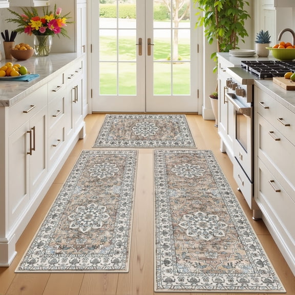 MeyJey Kitchen Rug Set 3 Piece, Non Slip Machine Washable Mats for Home Floor and Living Room，Brown