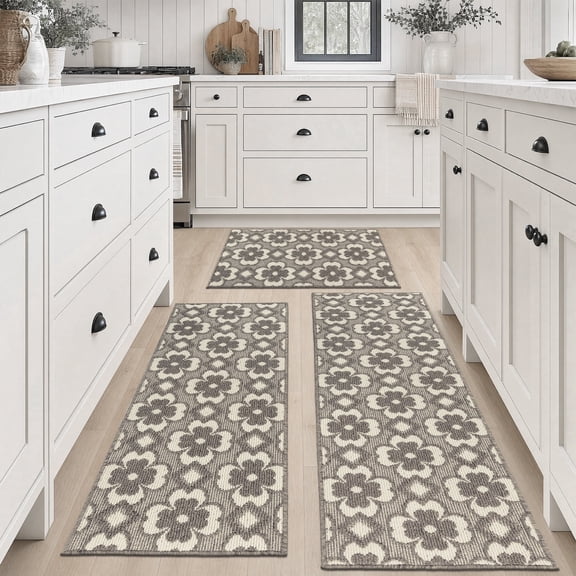 MeyJey Kitchen Rug Set 3 Piece, Non Slip Machine Washable Floor Mats for Kitchen, Sink, Laundry, Hallway, Brown
