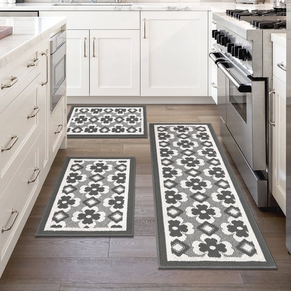 MeyJey Kitchen Rug Set 3 Piece, Non Slip Machine Washable Mats for Home Floor and Living Room, Gray
