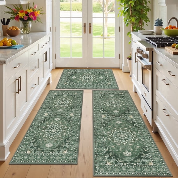 MeyJey Kitchen Rug Set 3 Piece, Non Slip Machine Washable Mats for Home Floor and Living Room,Dark Green
