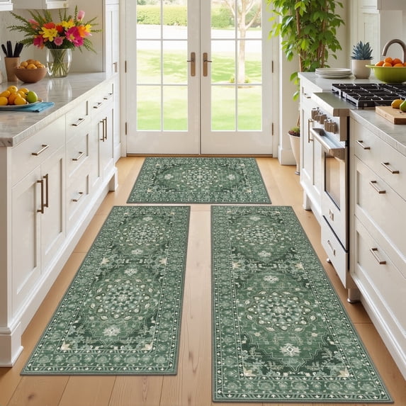 MeyJey Kitchen Rug Set 3 Piece, Non Slip Machine Washable Mats for Home Floor and Living Room,Dark Green