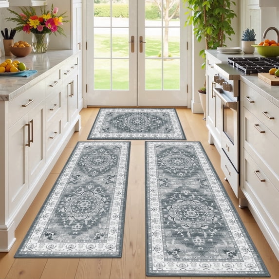 MeyJey Kitchen Rug Set 3 Piece, Non Slip Machine Washable Mats for Home Floor and Living Room,Gray