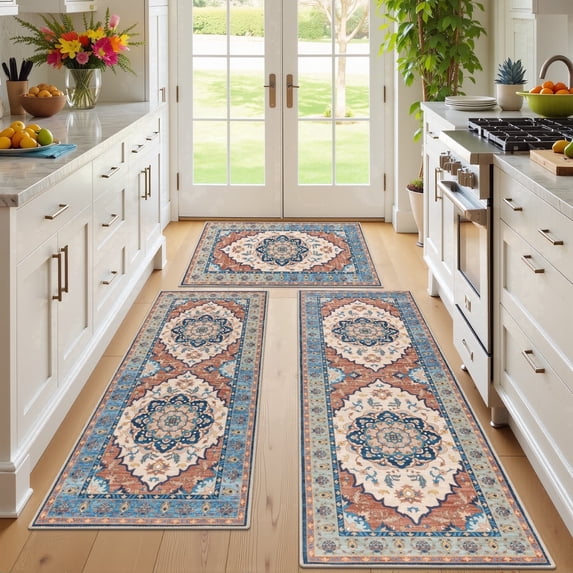 MeyJey Kitchen Rug Set 3 Piece, Non Slip Machine Washable Mats for Home Floor and Living Room,Orange