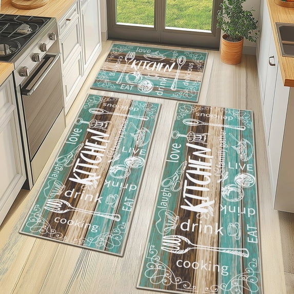 MeyJey Farmhouse Kitchen Rug Set of 3 - Non Slip, Machine Washable Low Pile Floor Mats, Water Repellent Rugs for Kitchen, Dining & Laundry Room, Teal/Brown