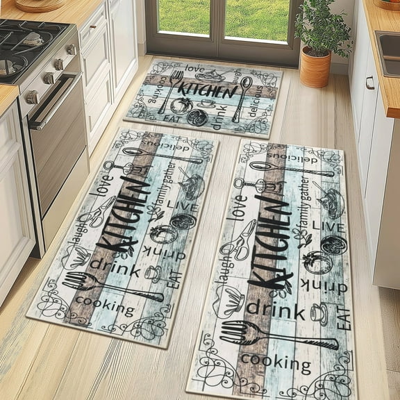 MeyJey Farmhouse Kitchen Rug Set of 3 - Non Slip, Machine Washable Low Pile Floor Mats, Water Repellent Rugs for Kitchen, Dining & Laundry Room, Teal/Brown/Beige