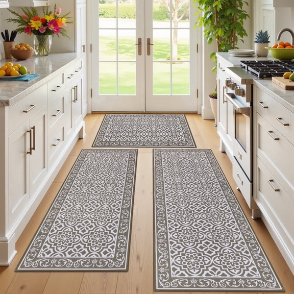 MeyJey Kitchen Rug Set 3 Piece, Non Slip Machine Washable Mats for Home Floor and Living Room, Brown