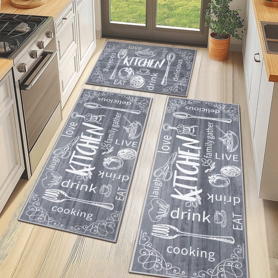 MeyJey Kitchen Rug Set 3 Pcs, Farmhouse Kitchen Runner Rugs and Mat, Non Slip Machine Washable Kitchen Floor Mats for Home Floor and Living Room, Gray