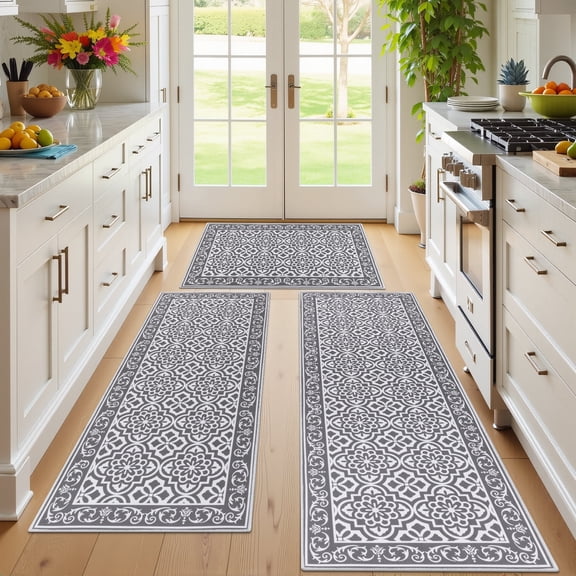 MeyJey Kitchen Rug Set 3 Piece, Non Slip Machine Washable Mats for Home Floor and Living Room, Gray