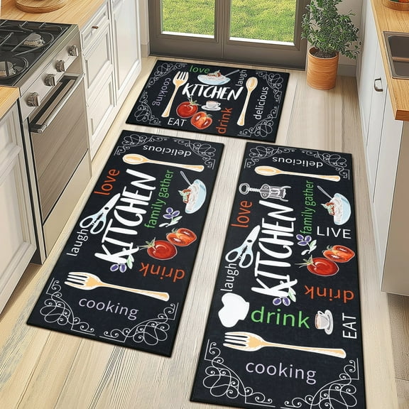 MeyJey Farmhouse Kitchen Rug Set of 3 - Non Slip, Machine Washable Low Pile Floor Mats, Water Repellent Rugs for Kitchen, Dining & Laundry Room, Black/Red/Yellow