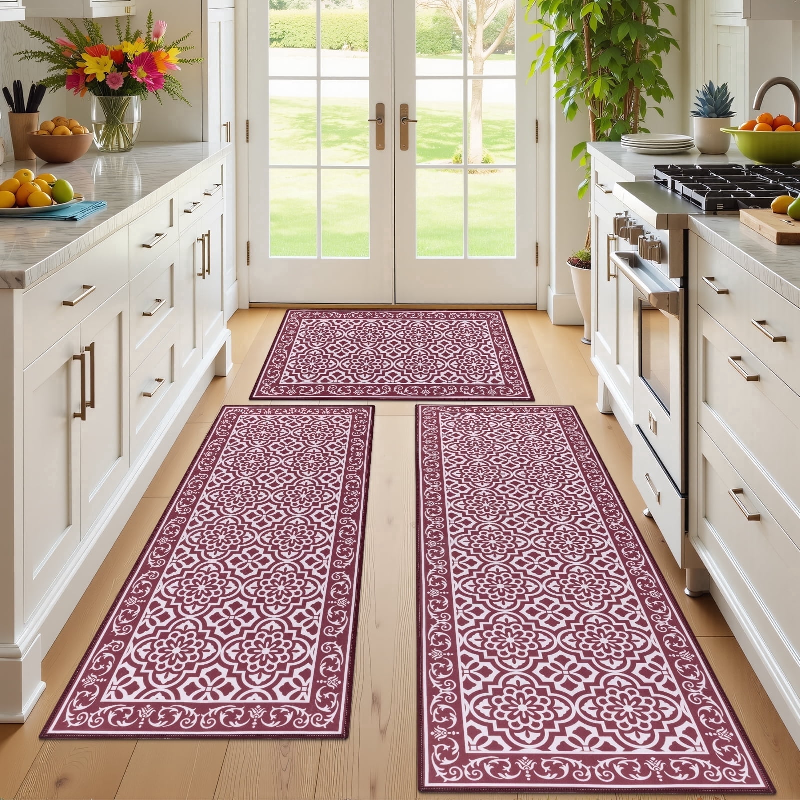 MeyJey Kitchen Rug Set 3 Piece, Non Slip Machine Washable Mats for Home Floor and Living Room, Red