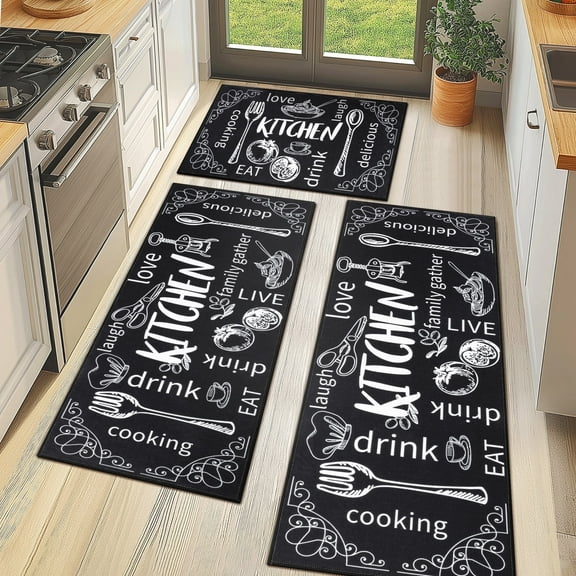 MeyJey Farmhouse Kitchen Rug Set of 3 - Non Slip, Machine Washable Low Pile Floor Mats, Water Repellent Rugs for Kitchen, Dining & Laundry Room, Black