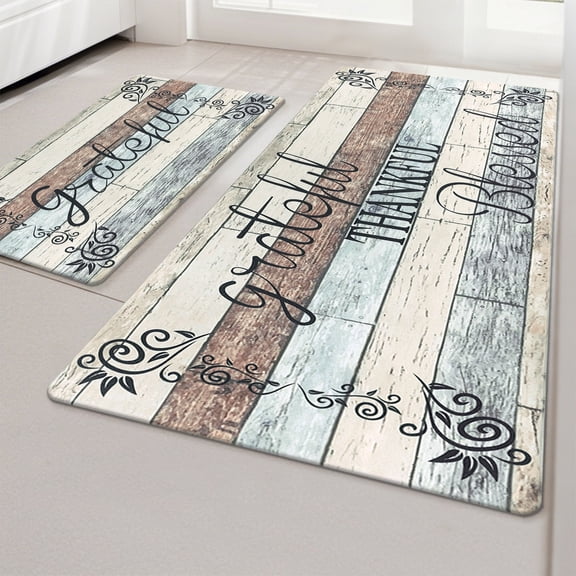 MeyJey Farmhouse Kitchen Rug Set of 2, Non-Slip Anti-Fatigue Waterproof Cushioned Mat for Kitchen, Dining & Laundry Room, 18"x30"+18"x48" Teal/Brown/Beige
