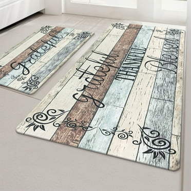 MeyJey Kitchen Rug Set Anti Fatigue 2 Piece Non-Slip Waterproof Cushioned Mats 17"x28" 17"x48" Teal/Brown/Beige