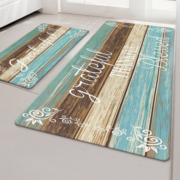MeyJey Farmhouse Kitchen Rug Set of 2, Non-Slip Anti-Fatigue Waterproof Cushioned Mat for Kitchen, Dining & Laundry Room, 18"x30"+18"x48" Teal/Brown