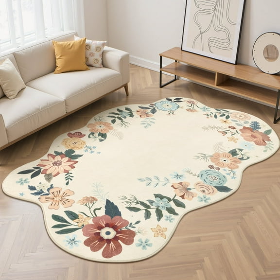MeyJey 5'x7' Floral Area Rugs for Living Room,Soft Rug Non-Slip Machine Washable Rugs, Low-Pile Throw Carpet for Living Room Bedroom Dining Kitchen,Beige