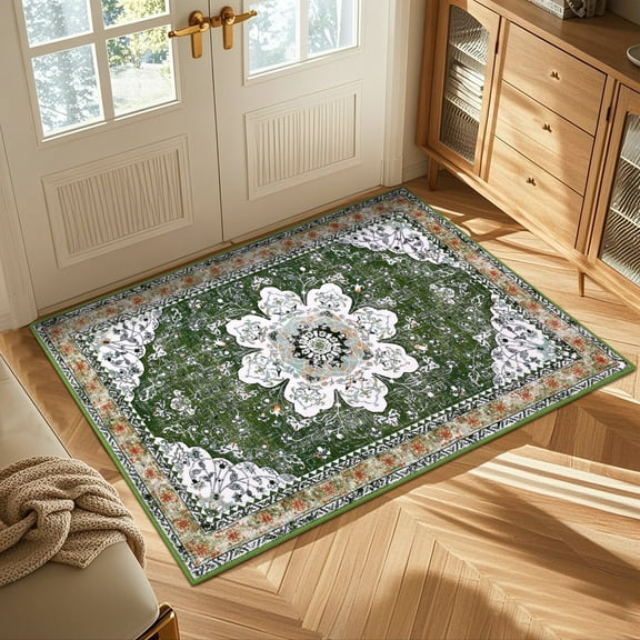 MeyJey Oriental Indoor Living Room Area Rug 2'x3', Non-Slip Machine Washable Vintage Floor Carpet for Bedroom Dining Kitchen Hallway, Green