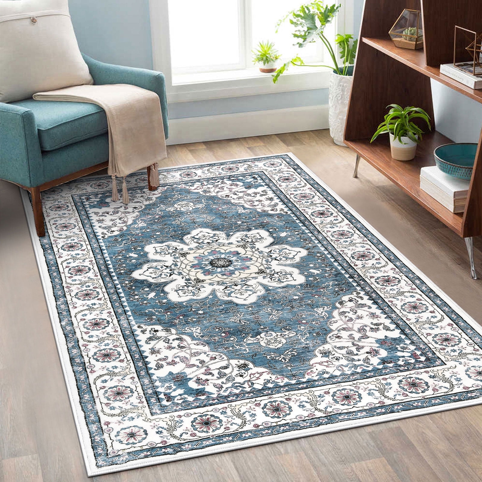 Blue and White Washable Oriental Tufted Area Rug 3' x 5'
