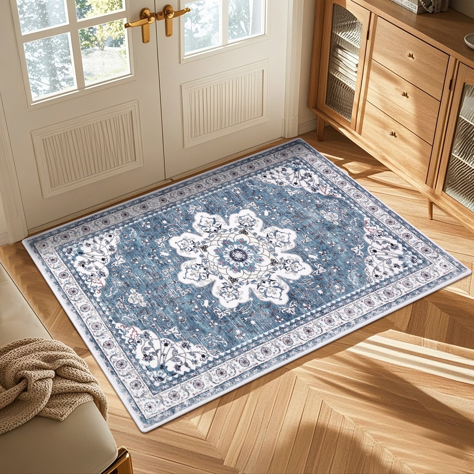 Blue and White Washable Oriental Tufted Area Rug 3' x 5'