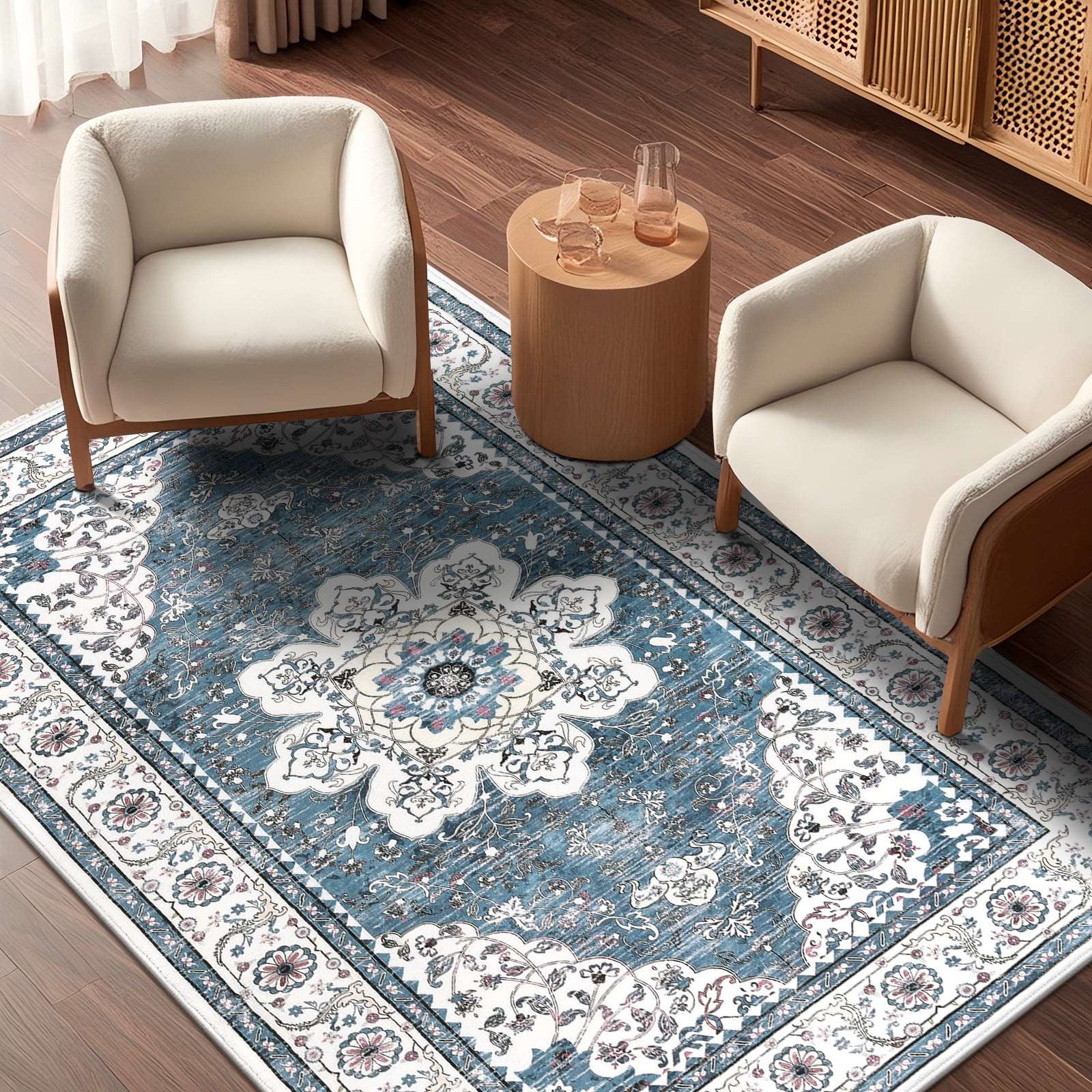 Blue and White Washable Oriental Tufted Area Rug 3' x 5'